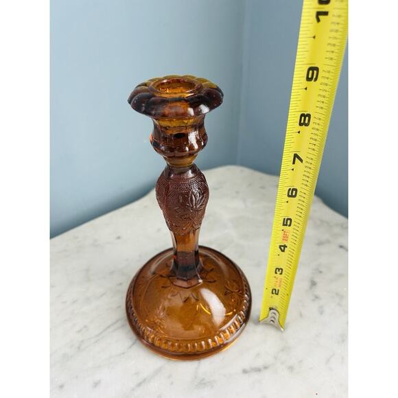 Vintage 8.5” T Tierra Amber Brown Press Cut Glass Candlestick Holder Home Decor - Picture 6 of 16